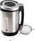 A silver and black soup maker with handle and electronic control panel. Beside it, a metal strainer. Suitable for soups.
