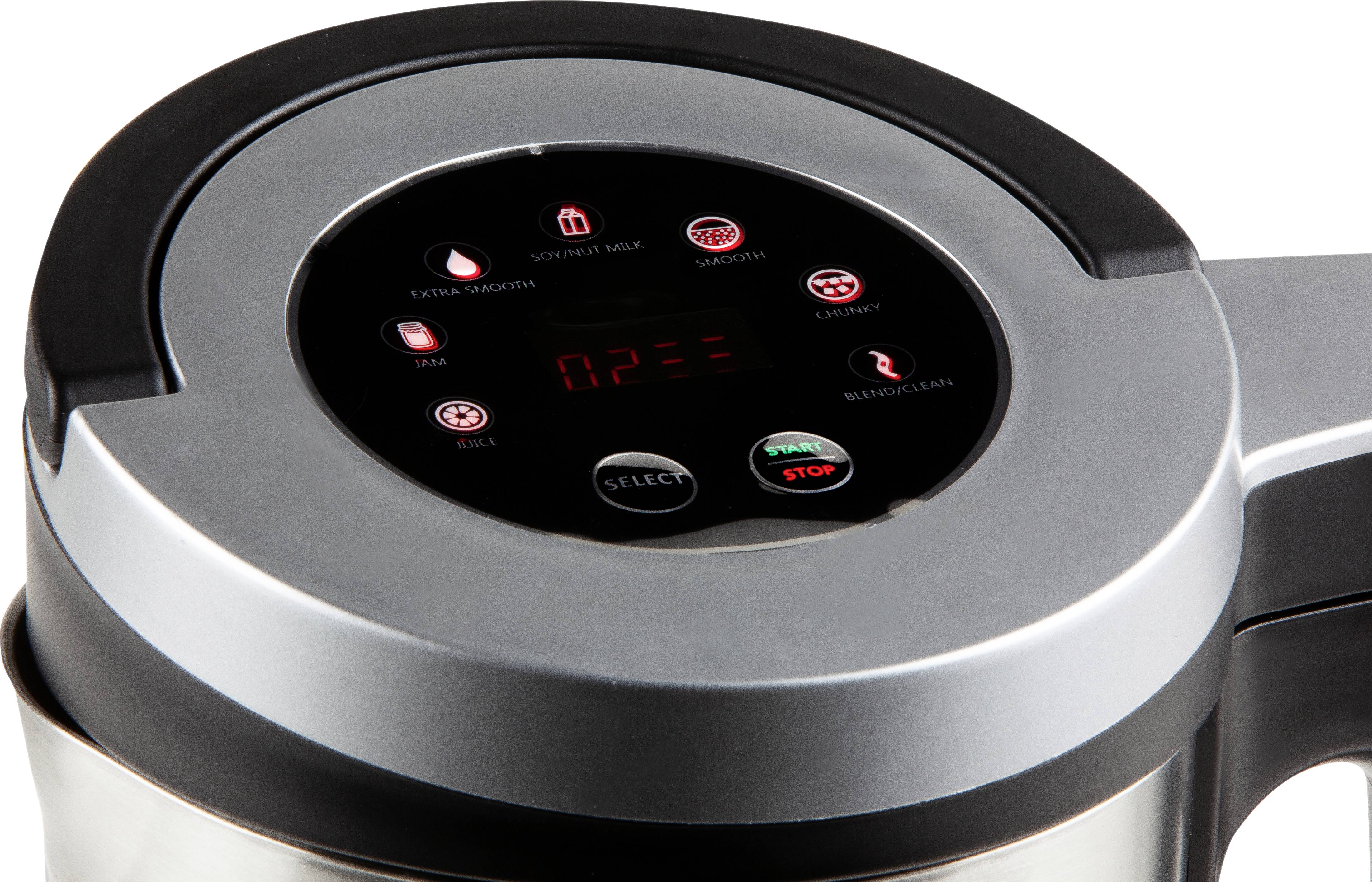 Electric soup maker with digital control panel, displaying various cooking modes and a timer display.