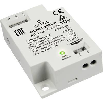 Surge Protection Device 'CITEL MLPC1-230L-R' with technical specifications and TÜV certification, white plastic enclosure.