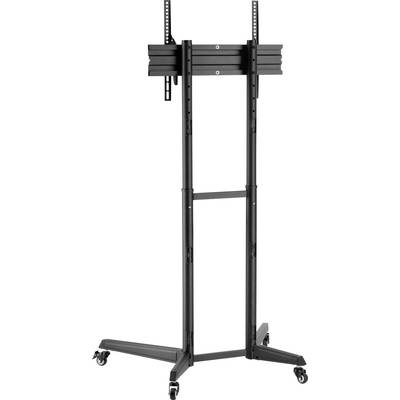 'A black, mobile TV stand with wheels and adjustable mountings for screens. Suitable for presentations or home cinema.'