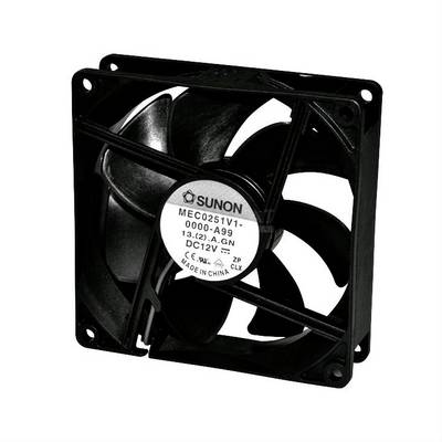 A black, square computer fan with five blades and a label on the front.