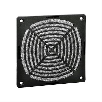 Square black fan grille with circular grooves and four mounting holes at the corners.