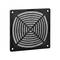 Square black fan grille with circular grooves and four mounting holes at the corners.