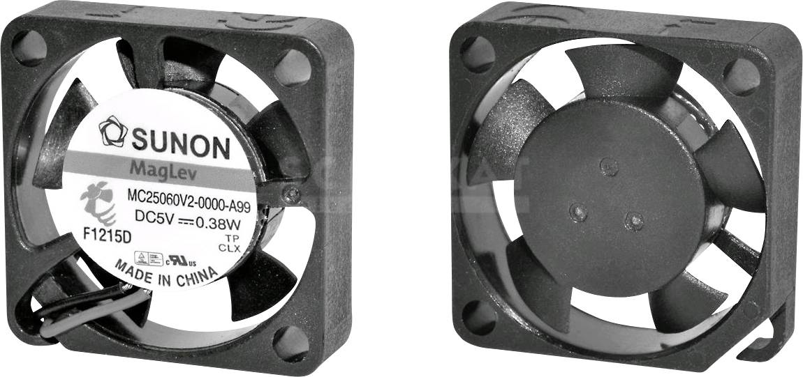 Two small, square fans. The left one displays a product label 'SUNON MagLev DC5V 0.38W, Made in China'. The right one shows the fan blades.
