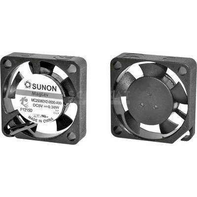 Two small, square fans. The left one displays a product label 'SUNON MagLev DC5V 0.38W, Made in China'. The right one shows the fan blades.