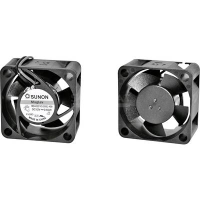 Two black fans, one showing the front with manufacturer details and cables, the other showing the reverse side with two screw holes.