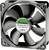 A black fan with five blades, with a sticker displaying technical specifications in a green and grey colour scheme affixed to its centre.