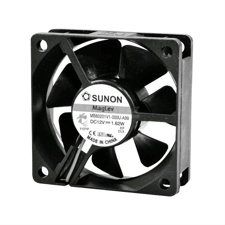 A small, black fan by Sunon, model MagLev. It is square and designed for 12V direct current.