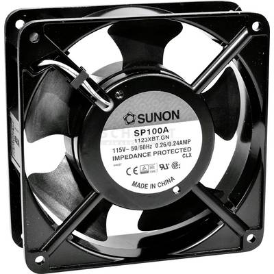 Black case fan with model number 'SP100A' by Sunon, operated at 115V and 50/60Hz. Manufactured in China.