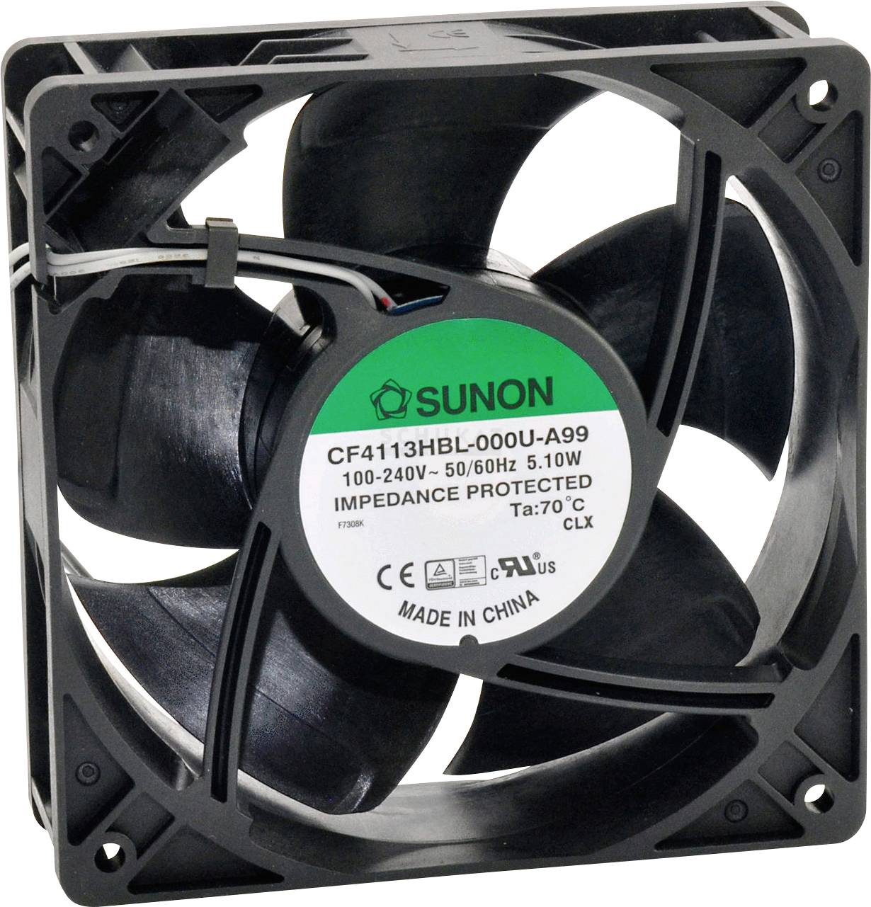 A black computer fan by Sunon, model CF4113HBL, supports voltages of 100-240V and has a power consumption of 5.10W.