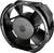 Black fan with five blades, side view.