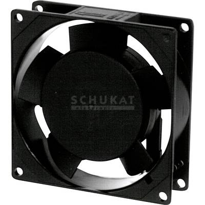 Black square ventilation fan with five blades and four mounting holes, used for electronic cooling in enclosures.