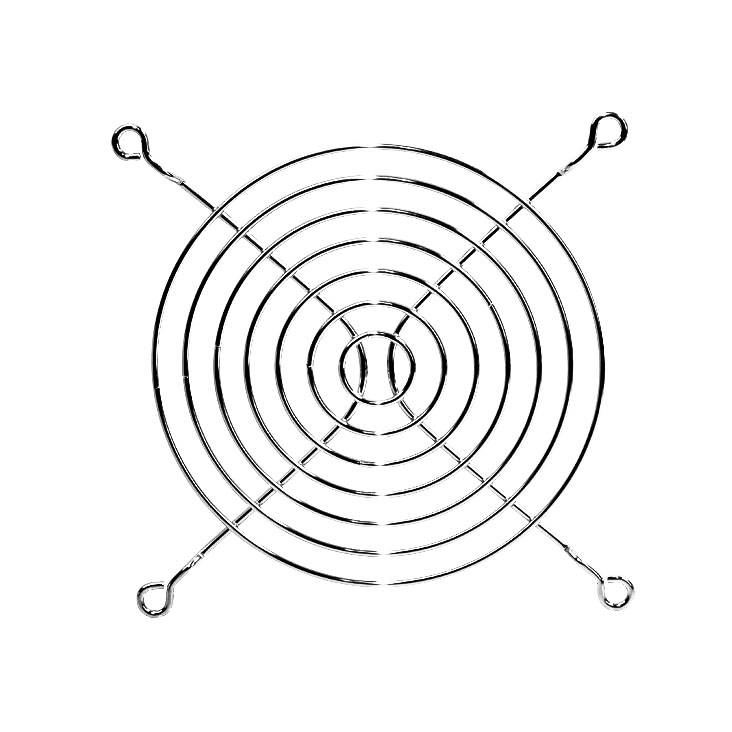 A round metal grille with concentric circles and four curved hooks at the ends, most likely a protective guard for a fan.