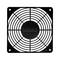 A black, square metal grid for fans with a circular design. 'Schukat' brand visible in the background.