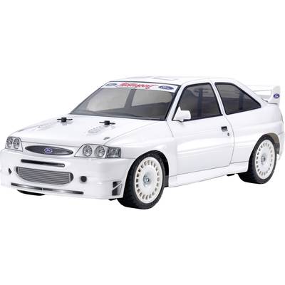 A white model car in rally style with blue Ford stickers, sporty alloy wheels, and ventilation slots on the bonnet.