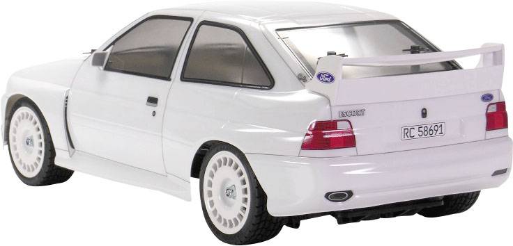 A white remote-controlled car model with a spoiler and the registration 'RC 58691' on the number plate.