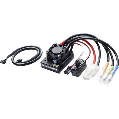 Electronic speed controller for RC vehicles with connection cables, fan and sensor. Suitable for rapid motor control.
