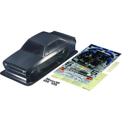 Transparent plastic model car body laid out on a table with black decals and accessory parts.