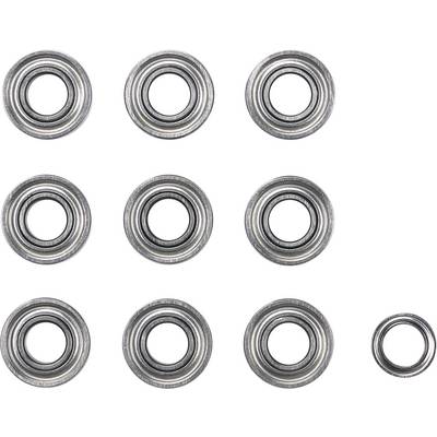 Nine circular metal bearings are arranged on a light background, with one bearing slightly smaller positioned bottom right.