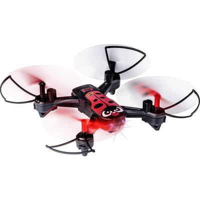 Small red drone in ladybird design with three propellers, black and red casing, and LED lights.