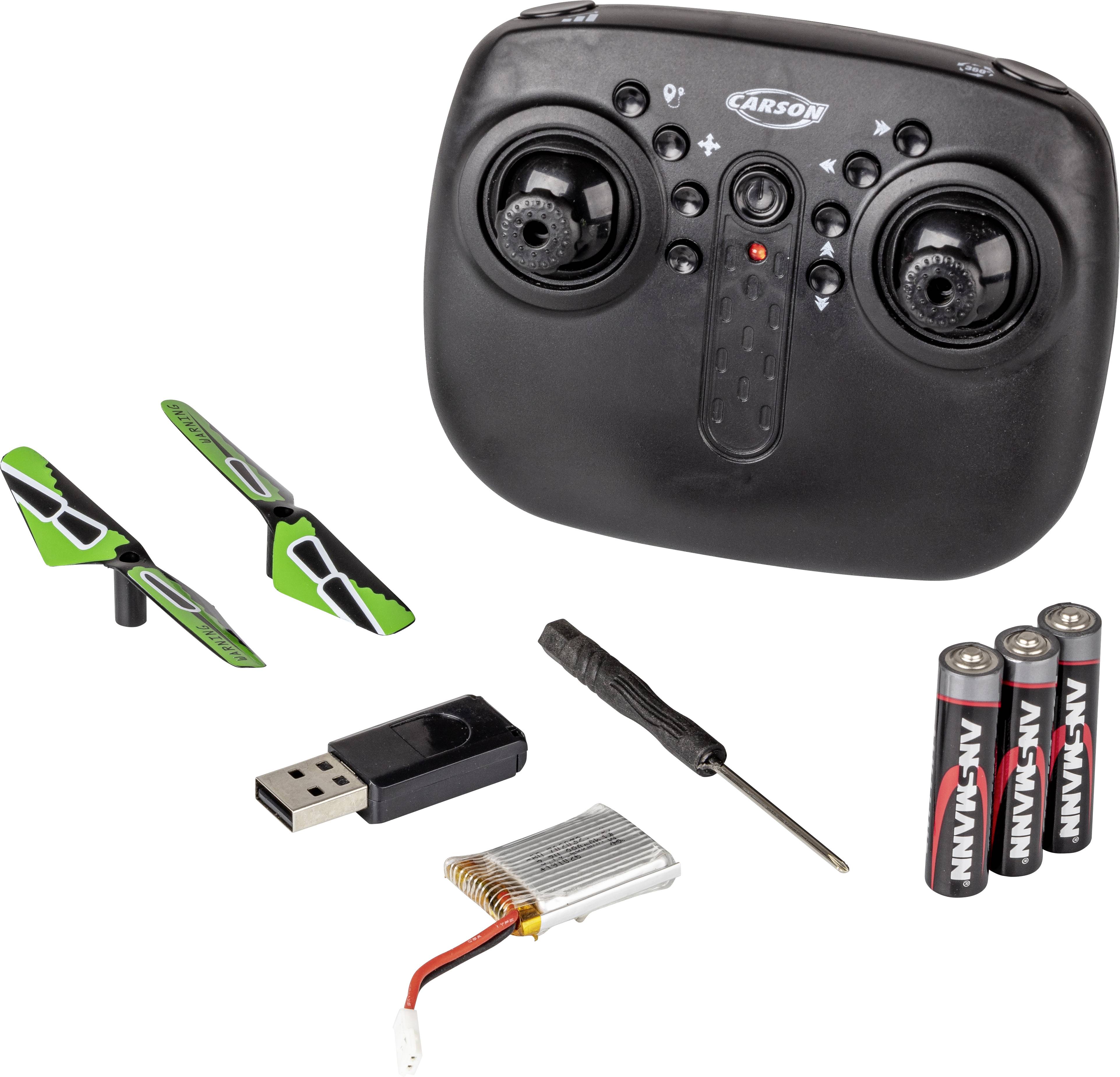 'Drone remote control with spare propellers, USB charger, screwdriver, battery, and rechargeable battery.'