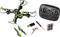 Quadcopter drone with green and black design, remote control, spare parts, batteries, and charging accessories pictured.