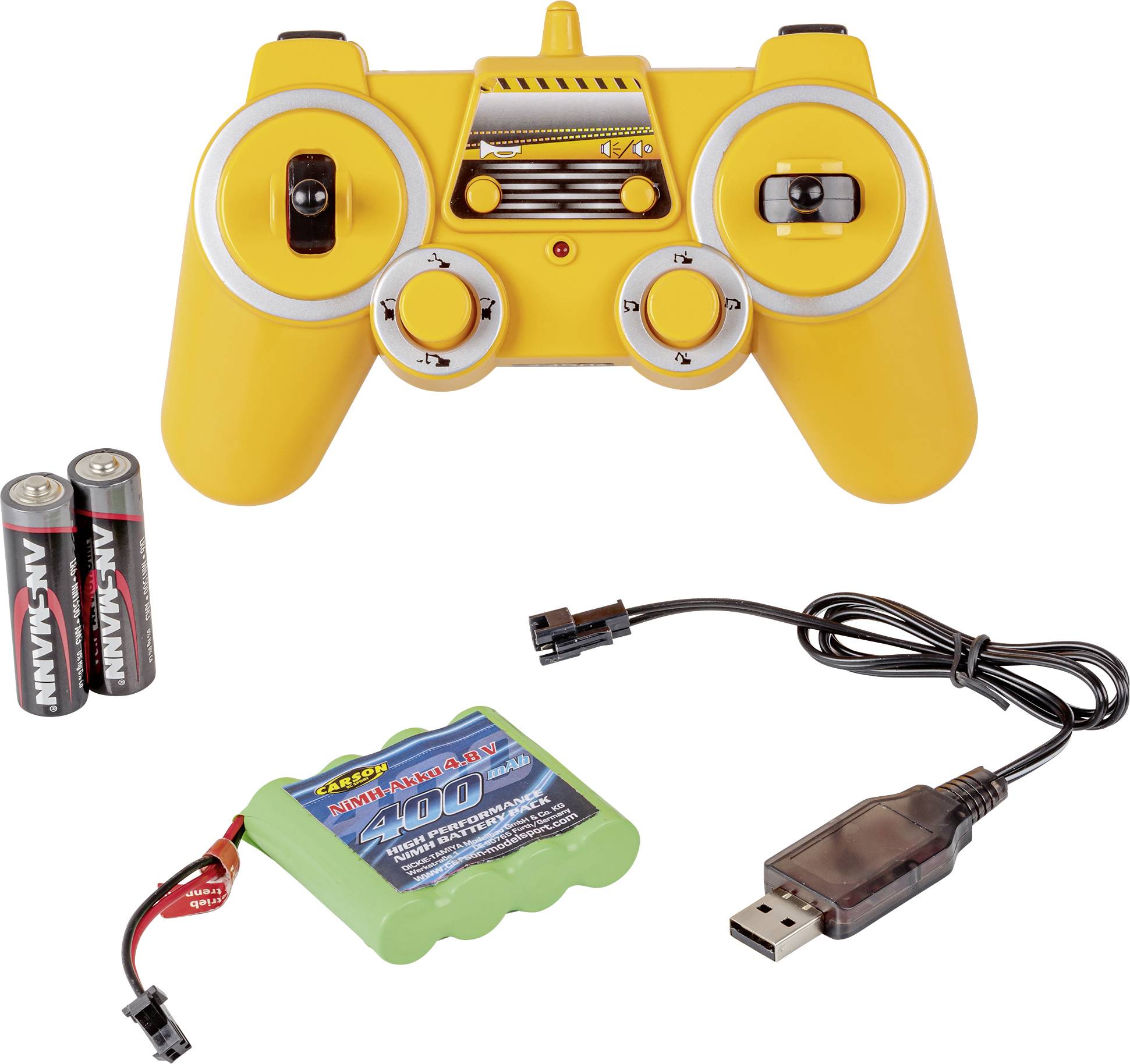 Yellow remote-controlled toy controller with two batteries, green battery, and USB charging cable.