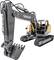 A yellow excavator with a grey arm, on tracks, highlighted against a white background.