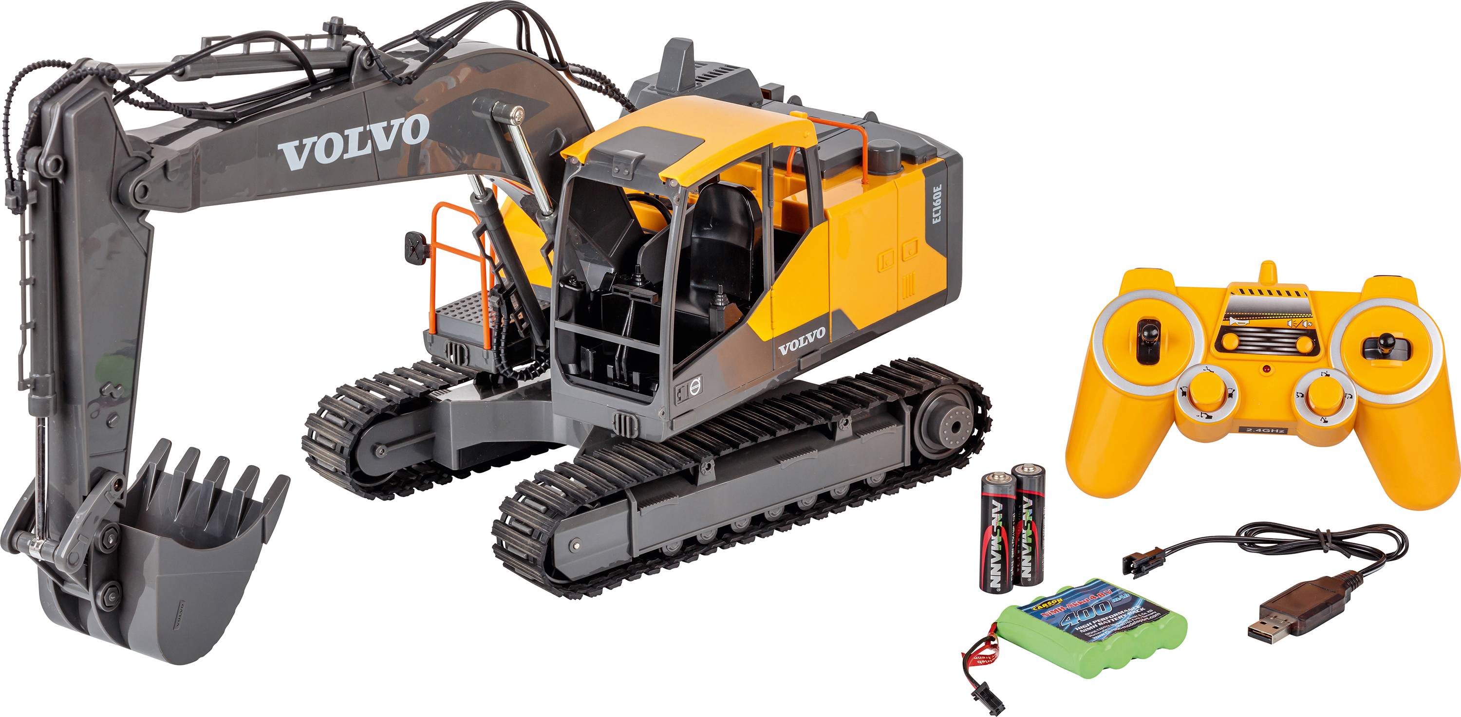 A yellow remote-controlled toy digger with batteries, USB charger, and battery pack; extended bucket demonstrates functionality.