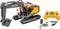 A yellow remote-controlled toy digger with batteries, USB charger, and battery pack; extended bucket demonstrates functionality.