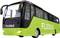 Green coach with the 'FlixBus' logo on its side, driving in an urban setting during daylight.