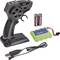 A black remote control with a steering wheel, two AA batteries, a green battery, and a USB charging cable, for controlling RC models.