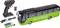 Toy bus model in Flixbus design with remote control, batteries, and charging cable. The bus is green with a black roof.