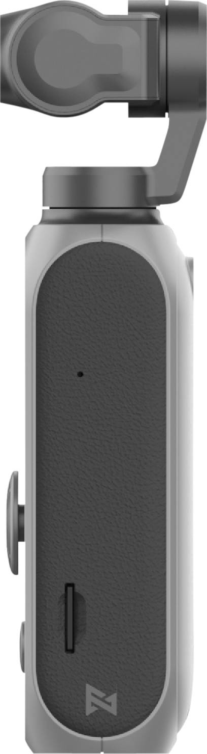 Compact, portable camera with integrated gimbal for stabilisation, viewed from the side. Ideal for video recording on the go.