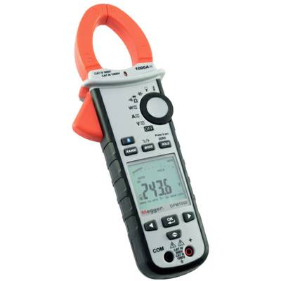A digital clamp ammeter with display. Measures electric current in amperes. Brand name on the bottom of the device.