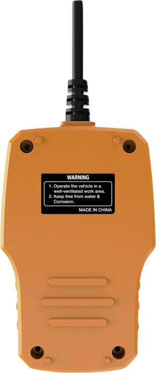 Orange device with cable, rear view. Warning notice: '1. Operate the vehicle in a well-ventilated area. 2. Protect from water and corrosion.' Manufactured in China.