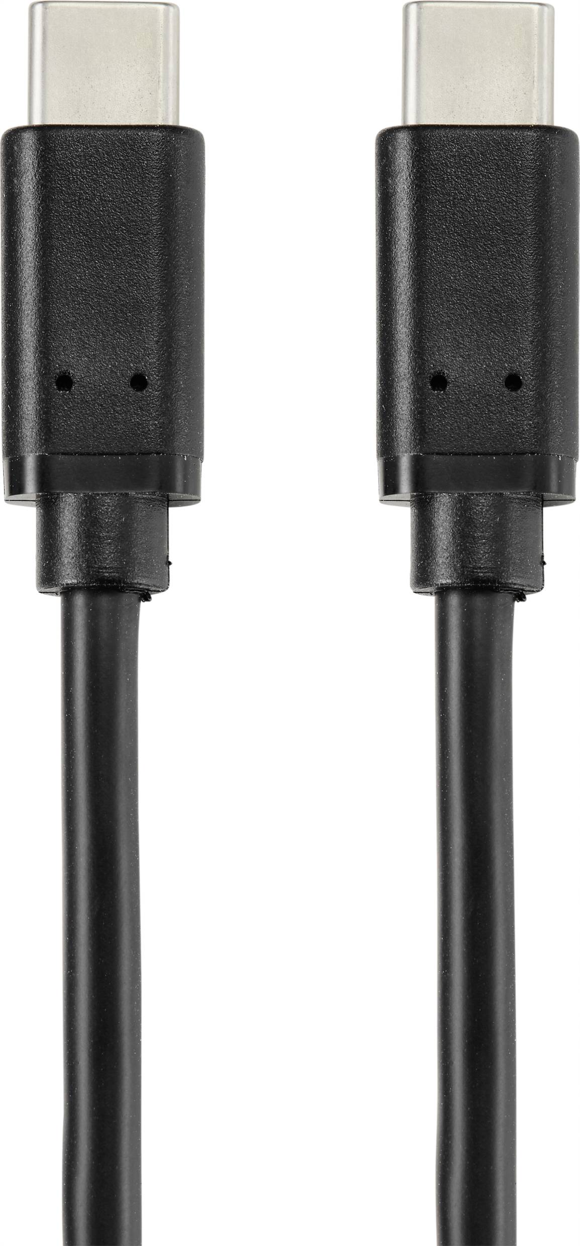 Two black USB-C cable plugs positioned side by side, showing their connection ends. Perfect for electronic devices and data transfer.