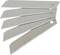 Five silver utility knife blades, each featuring scored sections for snap-off disposal, are fanned out in a staggered arrangement.