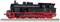 Black steam locomotive with red wheels on track. Classic design, photographed from the side.