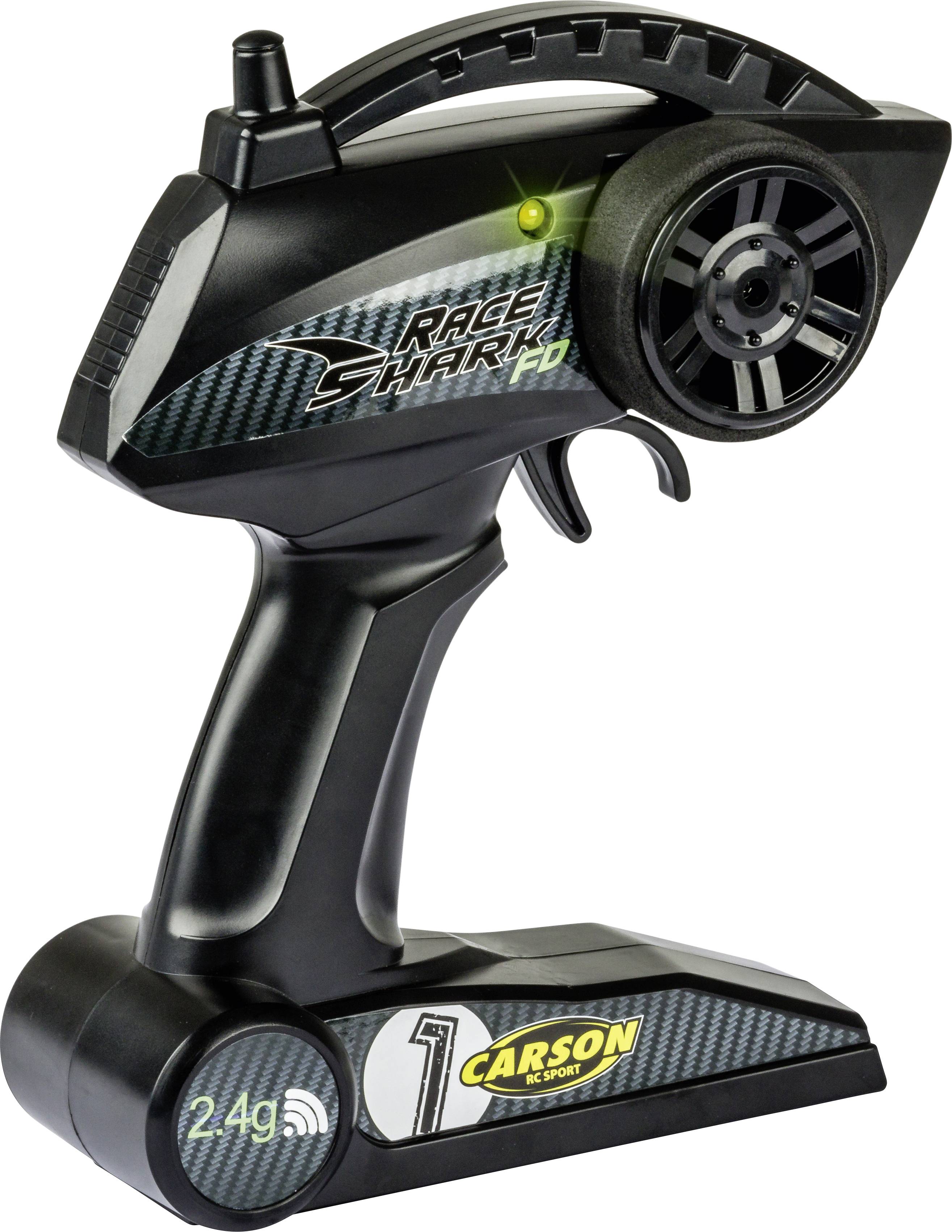 A black RC remote control with a steering wheel and 2.4 GHz lettering, suitable for remote-controlled cars.