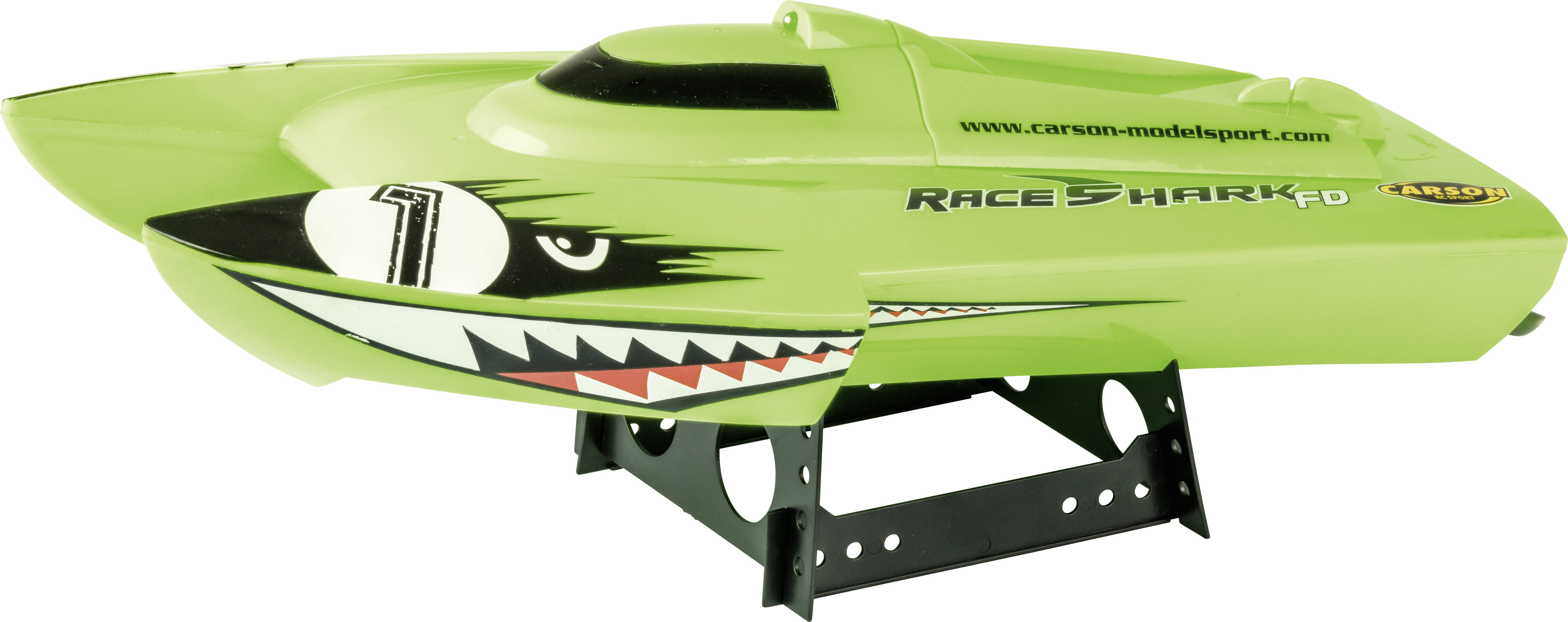 Green model racing boat 'Race Shark FD' with shark mouth design on stand, pictured from the side.