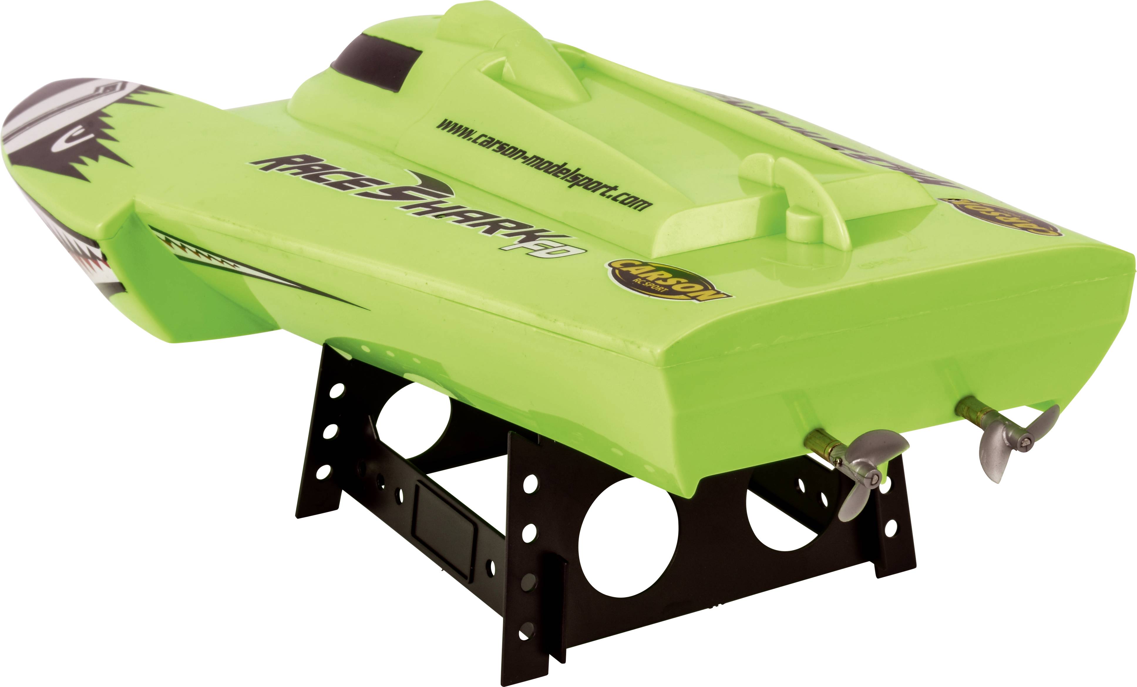 A green model boat with the inscription 'Race Shark 45' is positioned on a black stand. It features two propellers at the stern.