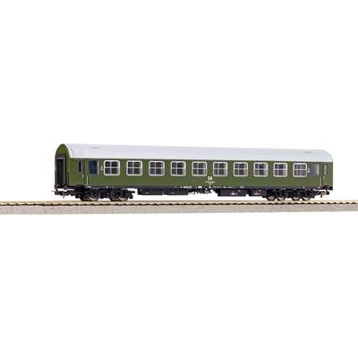 A green railway passenger carriage on tracks, presumably at model scale, displays a classic design with windows and doors.