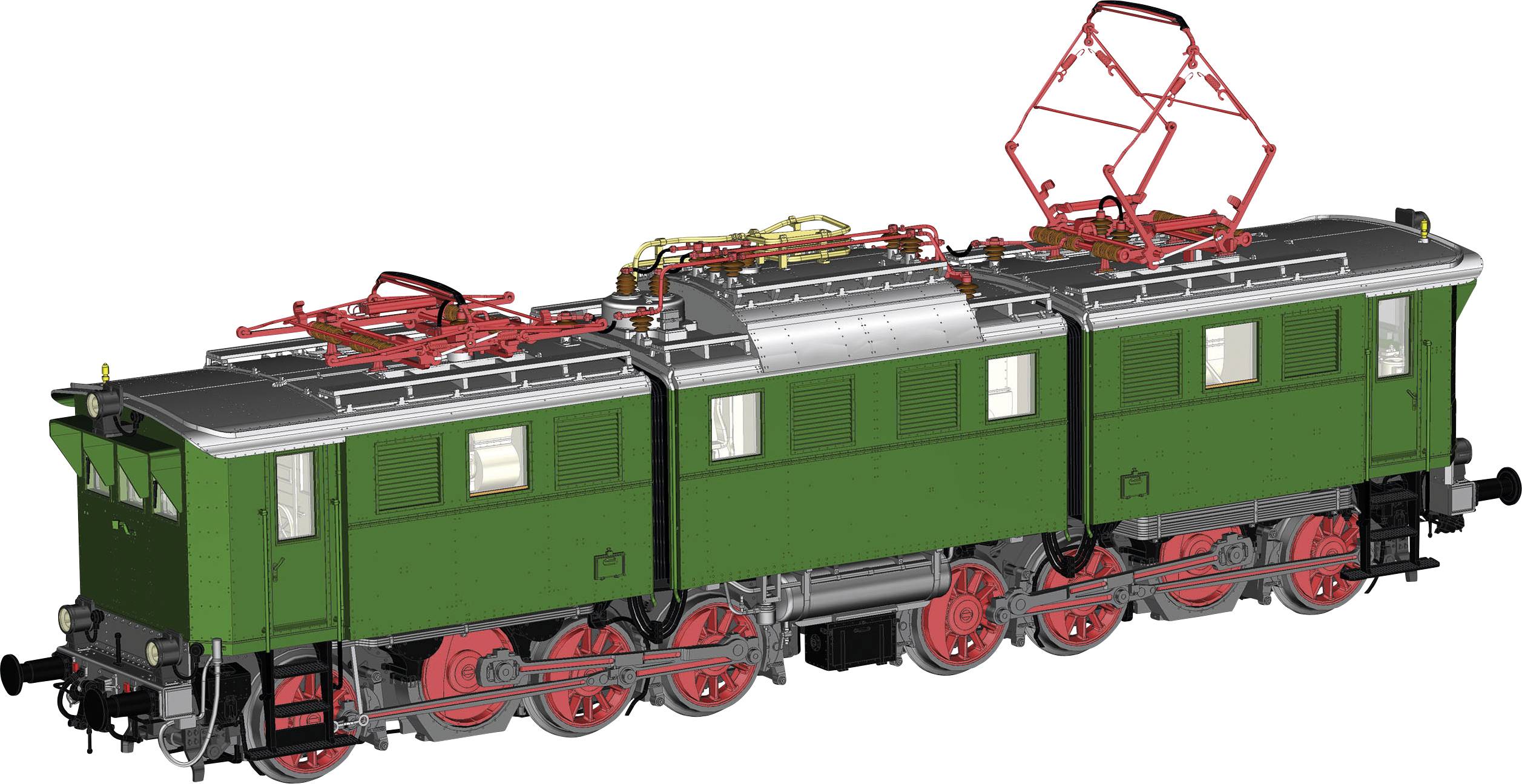 Green model of a historical electric locomotive with red wheels and current collectors. Side view reveals detailed construction.