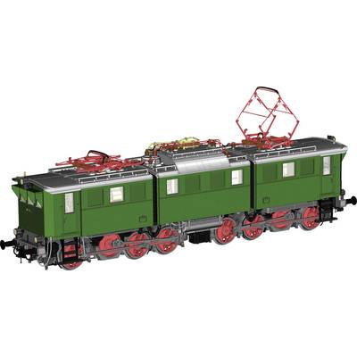 Green model of a historical electric locomotive with red wheels and current collectors. Side view reveals detailed construction.