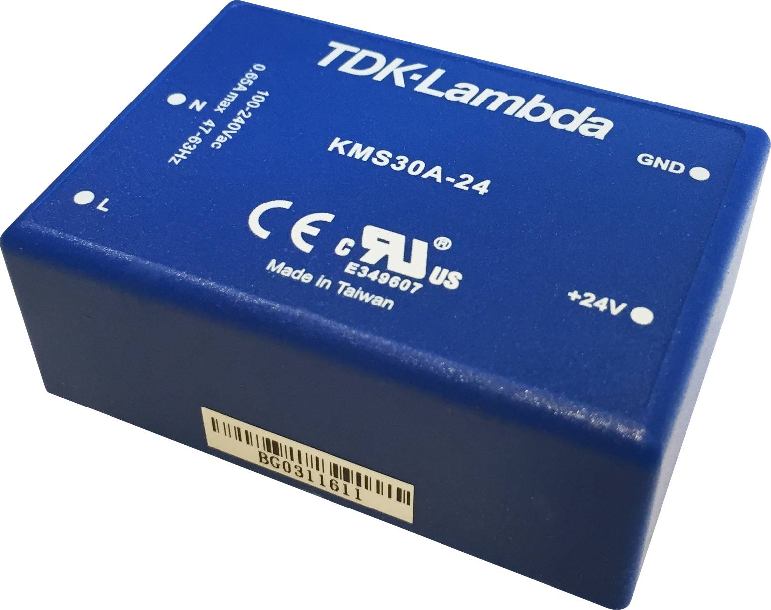 Blue TDK-Lambda power supply module, model KMS30A-24, displays safety certifications and 'Made in Taiwan'.