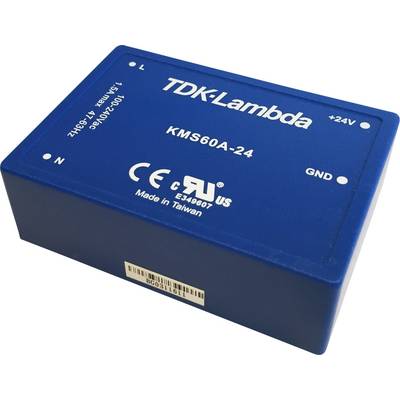 A rectangular, blue transformer by TDK-Lambda with the model number 'KMS60A-24', manufactured in Taiwan, displaying electrical connections.