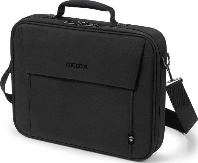 A black laptop bag with carry handle and shoulder strap; features an outer pocket and a zip.