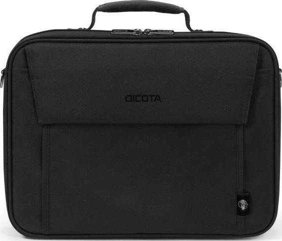 Black laptop bag with carry handle, zip closure, and external pocket.
