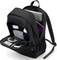 Black rucksack with multiple compartments, filled with cables, notebook, electronic devices and a passport.